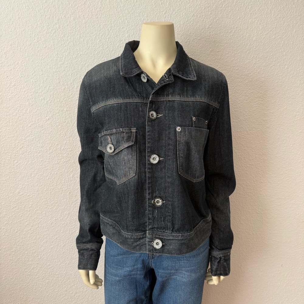 Arizona Jeans Jacket Junior's XL Dark Wash Denim Camo Lining Distressed Unisex